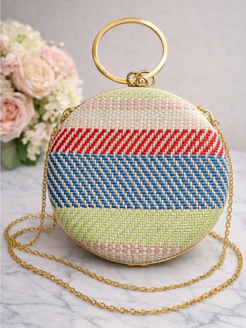 NWT Alessia Cutch Bag, Gold Ring Handle & Chain Woven Crossbody